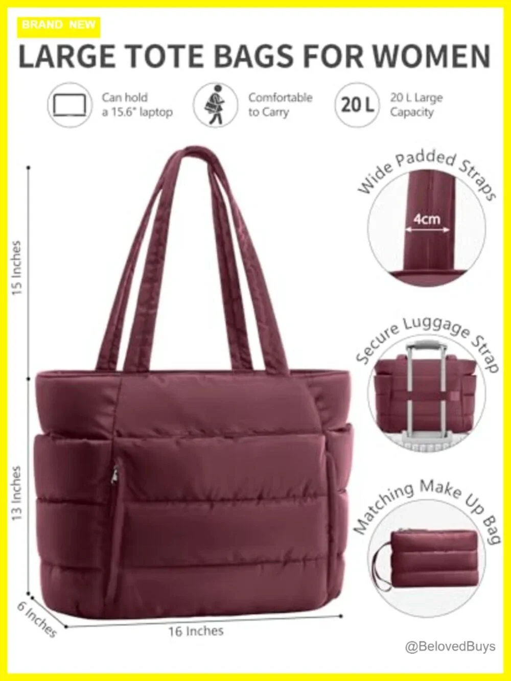 Lightweight Puffer Tote Bag with Laptop Sleeve, Quilted Shoulder Bag for Work